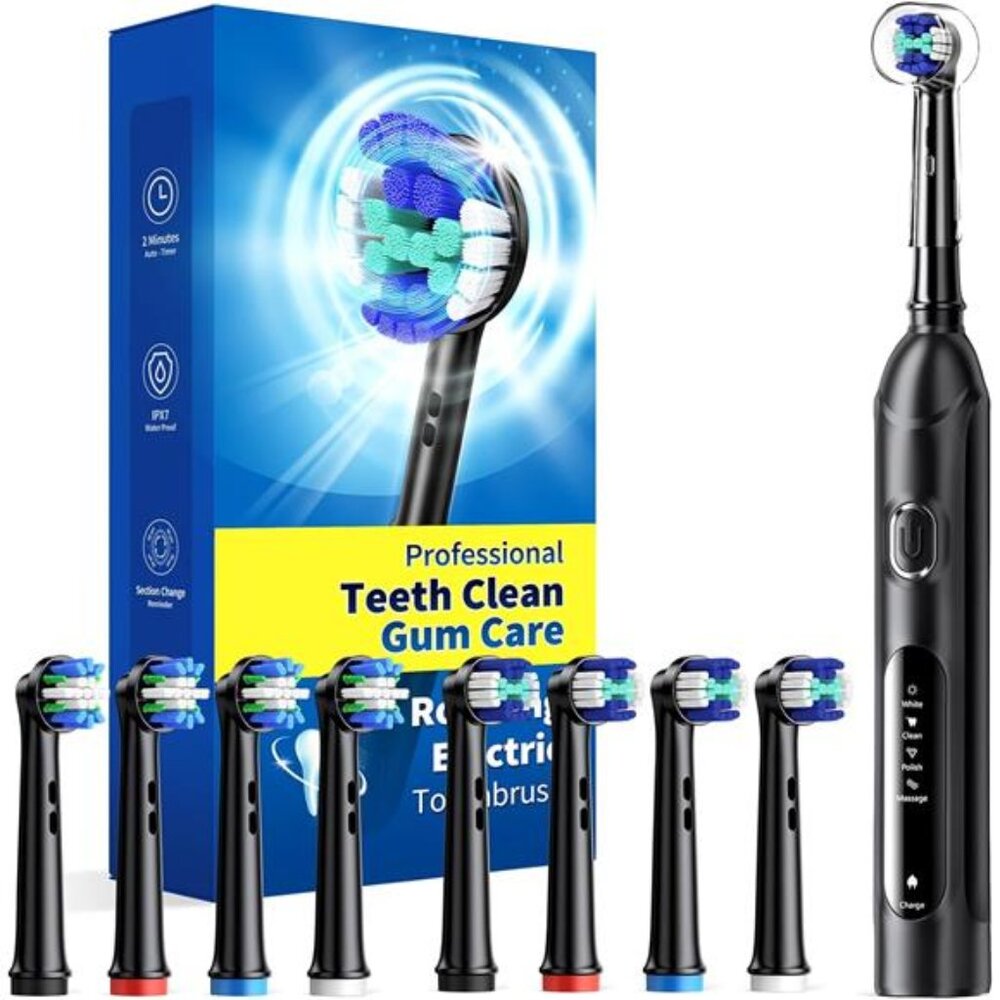 Rotating Electric Toothbrush for Adults with 8 Brush Heads (2 Types), 4 Modes